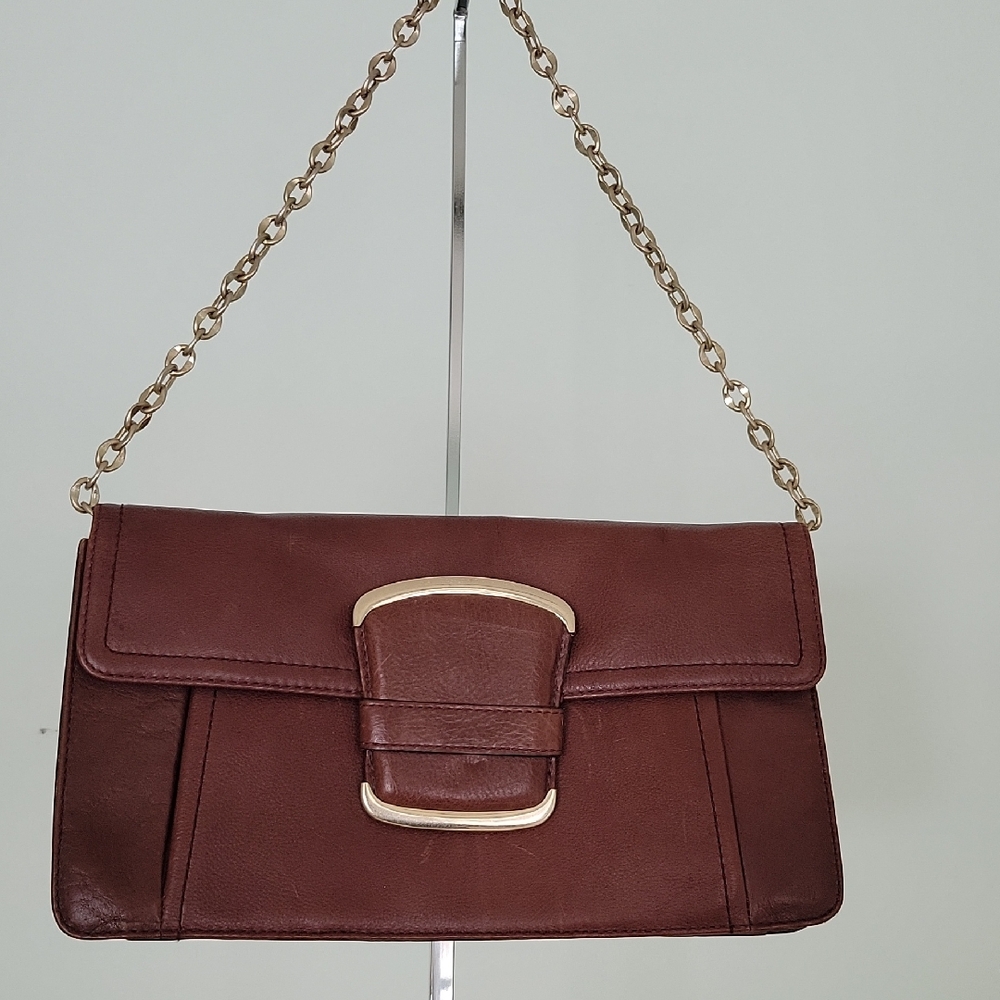 Banana Republic EUC Brown Maroon Chain Leather Shoulder Bag Clutch Flap Closure